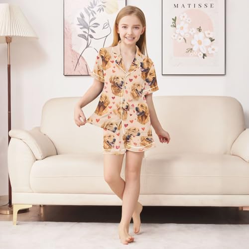 Golden Hair Love Pattern Summer Satin Pajama Set, Cute Button-Down Sleepwear Pj Set for Sleep Wears3
