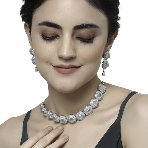 Image of ZENEME Rhodium Plated Silver Toned Triangular Shaped American Diamond Studded Jewellery Set For Women and Girl