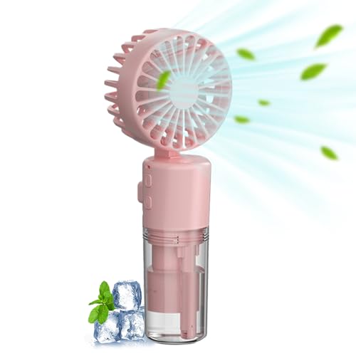 Pouway Portable Hand Fan with Mist Spray Handheld Misting Fan with Transparent Tank Water Replenisher Mini Foldable Fan Portable Hand Standing Up - Ultra Quiet Lightweight for Travel