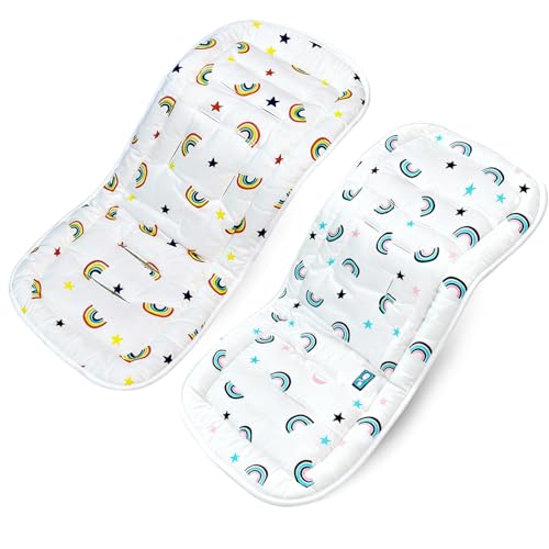 Universal Pushchair Pram Liner Cotton Baby Pushchair Seat Liners Double-Sided Use Baby Stroller Cushion Pad for Toddler Infant 78x34cm (Orange Blue Rainbow)