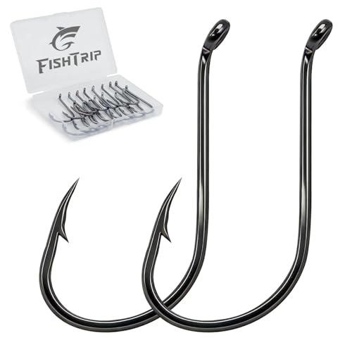 FishTrip Octopus Hooks Fishing Saltwater - 100pcs Offset Beak Fish Hooks/Closed Eye/Barded/Black for Fishing Rigs Bass Catfish 6#