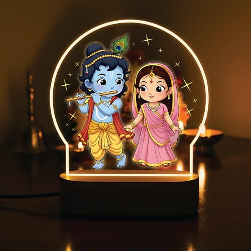 Image of Giftplease Radha Krishna LED Night Light - Cute Chibi Devotional Table Lamp with Warm Glow - Printed Spiritual Decor for Home Mandir, Kids' Bedroom & Office - Ideal Diwali or Housewarming Gift GL 20
