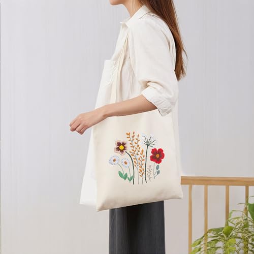 Image of Huacan Embroidery Canvas Bag Kits for Adults Beginner Stamped Flowers Pattern DIY Cross Stitch Printed Flower Stitching Sewing Kit