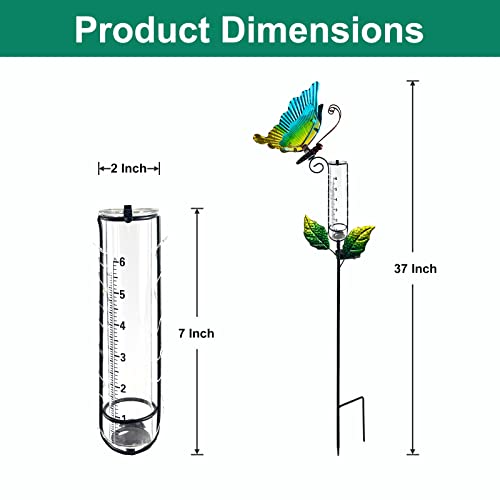 Hongland Rain Gauge Outdoor With Solar Lights - Metal Butterfly Stakes And Replacement Glass Tube - Garden Rain Gauge Decorations For Patio, Balcony, Yard, Lawn Ornament - Unique Ideas #TOP3