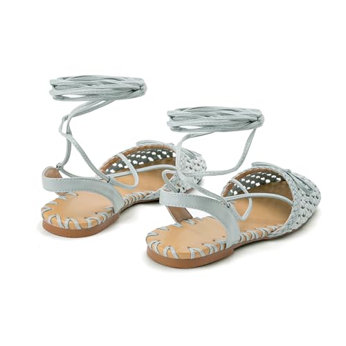 Image of Woven Ballet Flats for Women Lace Up Closed Square Toe Summer Sandals Dressy Shoes