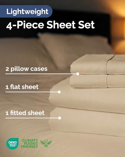 Image of Lightweight 4 Piece Bed Sheet Set Full Size - Cooling Sheets for Hot Sleepers - Soft Breathable Bedding Set w / 8-16 Inch Deep Pockets - 1 Flat & 1 Fitted & 2 Pillowcases - Wrinkle Resistant - Wheat