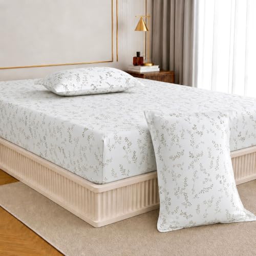 Image of Jaipur Weaves King Size Elastic Fitted Bedsheet, 100% Pure Cotton King Size Fitted Bedsheet for Double Bed with 2 Pillow Covers, 240 TC, 72x78 Inches up to 8-inch Mattress, Floral(Spring Tulips Brown)
