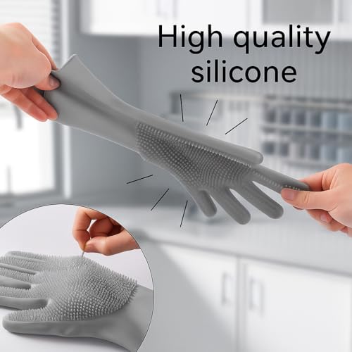 Image of Silicone Cleaning Gloves - Reusable Dishwashing Scrubber Gloves with Bristles - Waterproof, Non-Slip, Durable Kitchen Gloves for Washing Dishes, Car, Bathroom Cleaning (Grey, 2 Pair)