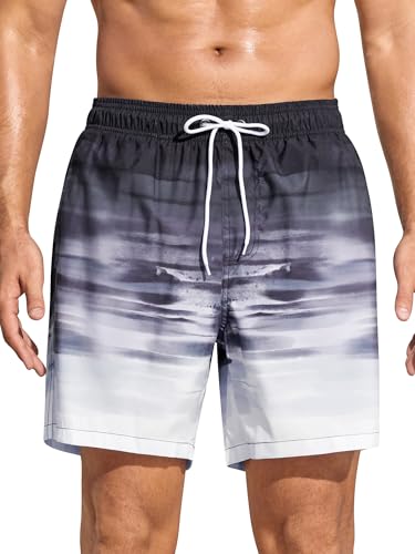 SILKWORLD Men's Swim Trunks Quick Dry Beach Shorts with Pockets, Black Gray Gradient, Medium
