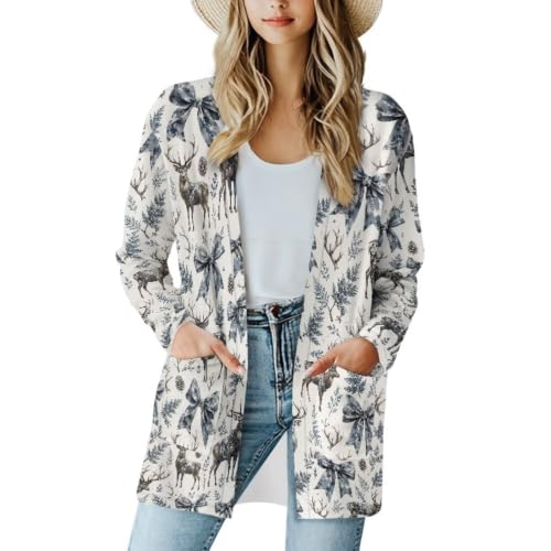 Image of Fall Maple Leaf Cardigan Sweaters for Women Long Sleeve Cardigan Soft Drape Open Front Dusters V-Neck Jackets Dressy