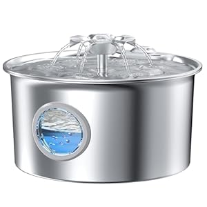 Fuente de agua para gatos de acero inoxidable: fuente ultra silenciosa para mascotas de 88 oz/2.6 L con boquilla de gatito de flores y dispensador de agua de luz azul LED con ventana de nivel de agua