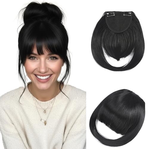 Benehair Flequillo Postizo Pelo Natural Flequillo Francés Postizo Invisible Flequillo Postizo Extensión Flequillo Clip para Mujeres(Negro, 30g)