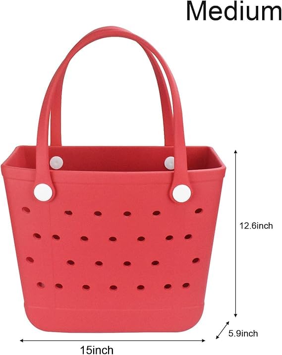 Extra Large Rubber Beach Bag, Washable Moisture Resistant Durable Open Hole Tote Bag Beach Vacation Essentials (Red, Large)2