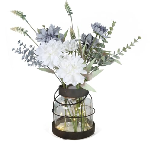 Pequecom Jarrón de cristal rústico con luces LED, decoración de farol vintage con flores artificiales, centro de mesa de granja para arreglos florales con tapa de interruptor oculta