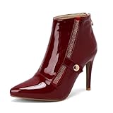 Botines de tacón alto con puntera puntiaguda para mujer, con cremallera lateral, diamantes de imitación, decoración elegante para invierno, rojo vino, 41 EU