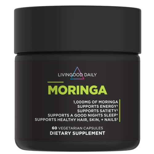 Livingood Daily Moringa Capsules Moringa Supplement for Energy Sleep Satiety Hair Skin Nails & Wellness Plant Based Vegetarian Gluten Free Non GMO Vegan Daily Greens Superfood 60 Capsules