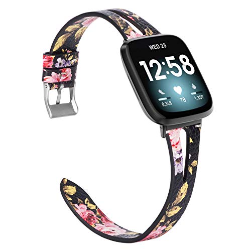 Glebo Floral Leather Band Compatible with Fitbit Sense Bands/Versa 3 Bands, Dressy Soft Leather Versa 3 Watch Band Strap Wristbands Bracelet Accessories for Fitbit Versa 3 Bands for Women, Pink Floral