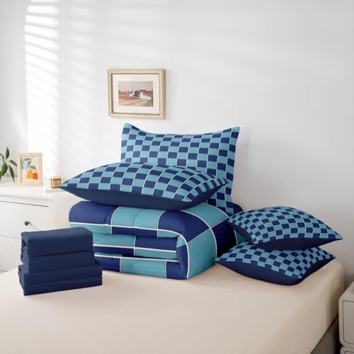 Image of Erosebridal 7 Piece Blue Boys Comforter Sets Navy Blue Teen Boy Bedding Set King,Geometric Checkered Plaid Bed in A Bag with Sheets for Kids Men,Grids Gingham Bed Set with Cushion Covers