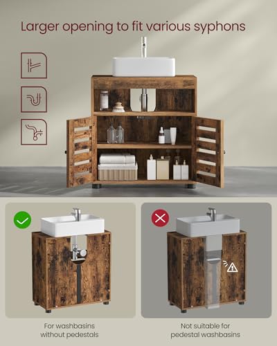 VASAGLE Under Sink Bathroom Cabinet, Storage Cabinet, Bathroom Storage Unit, 30 x 60 x 64 cm, for Washbasins without Pedestals, with 2 Louvred Doors, Adjustable Shelf, Rustic Brown BBK04BX