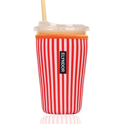 Image of Reusable Insulated Sleeve for Iced Coffee Cup, Coffee Neoprene Sleeve for Cold & Hot Drinks, Beverage Holder for Iced Coffee (Red Stripes, Medium: 22-24oz)