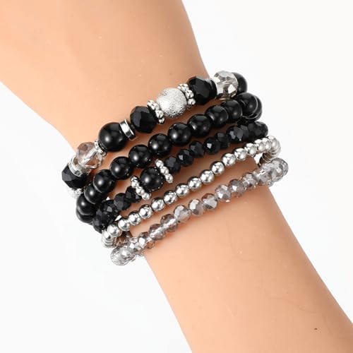 5PCS Beaded Stretch Bracelet Stackable Stylish Beaded Bracelets for Women Crystal Bead Boho Stretch Layering Stone Bracelets Trendy Costume Jewelry Gift Multilayered Disco Ball Faceted Bracelet4