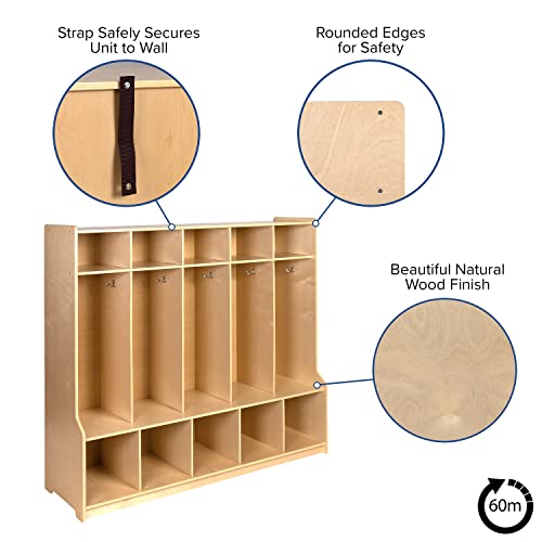 Flash Furniture Hercules Wooden 5-Section School Coat Locker with Bench, Cubbies, and Storage Hooks, Preschool Cubby Organizer, 48"H x 48"L, Natural - Image 5