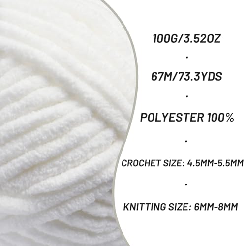 Image of 2 Pack Chunky Chenille Yarn for Crocheting, Baby Yarn for Crocheting Soft Blankets, Bulky Yarns for Crochet Amigurumi, 200g (148.7yds) Fluffy Velvet Yarns for Hand Knitting(2 White)