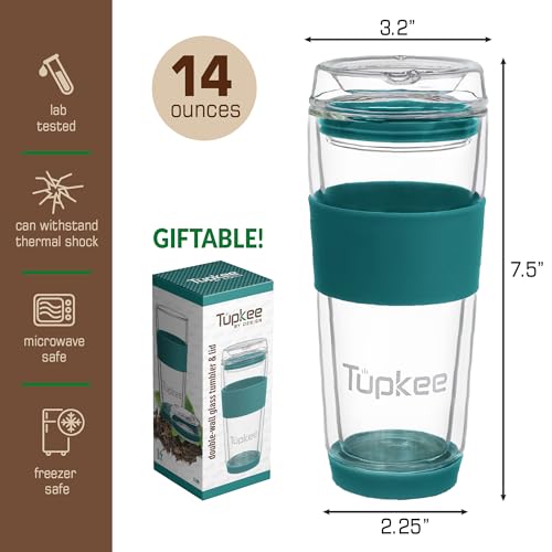 Tupkee Double Wall Glass Tumbler - 14-Ounce, All Glass Reusable Insulated Tea/Coffee Mug & Lid, Hand Blown Travel Mug - Cyan