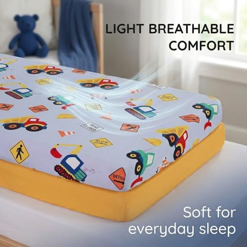 Image of Everyday Kids 2 Pack Fitted Boys Crib Sheet, 100% Soft Breathable Microfiber Baby Sheet, Fits Standard Size Crib Mattress 28in x 52in, Nursery Sheet - Construction /Gold