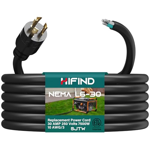 HiFind 3 Prong 30 Amp RV Replacement Power Cord 15 Ft, NEMA L6-30P to Open End 3 Wire, SJTW Outdoor, Heavy Duty 10/3 AWG 250V 7500W, Locking Plug for Generator EV Trailer Campers Air Compressors-ETL