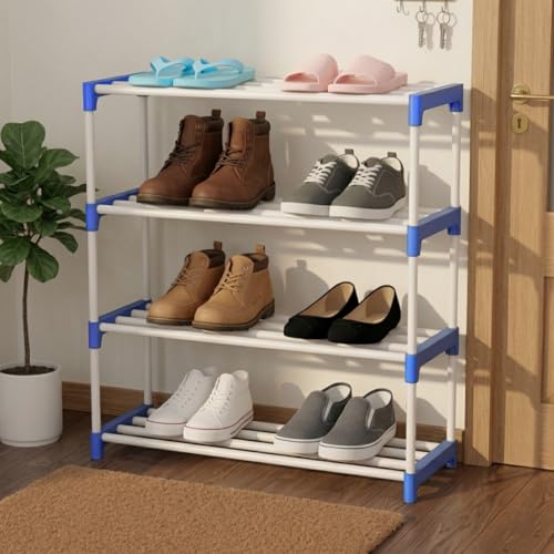 Image of 4 Tier Shoe Rack with Shelf, Thick Strong Pipes for Heavy Load Multipurpose Organizer Rack Shoe, Cloth & Book Storage Shelf for Home, Balcony, Living Room & Workspace