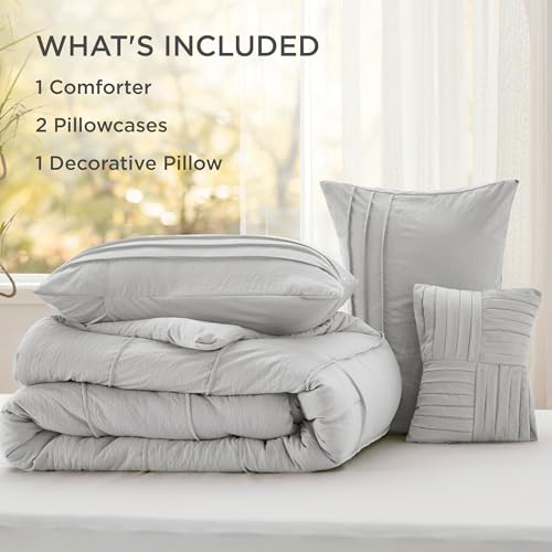 Image of Bedsure Queen Comforter Set - 4 Pieces Pinch Pleat Bed Set, Light Grey Boho Bedding for All Season, 1 Soft Comforter, 2 Pillowcases, 1 Decorative Pillow
