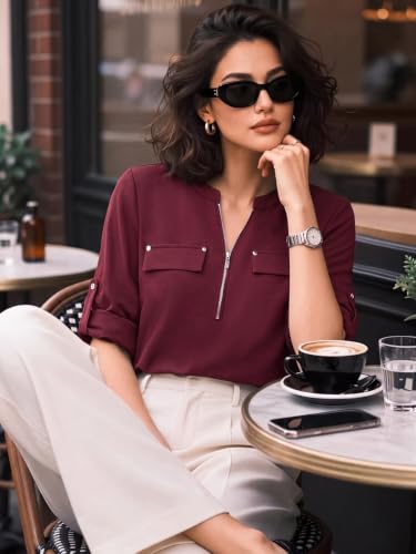 Image of Bulotus 3 /4 Length Sleeve Womens Striped Tops Zipper V Neck Collared Blouses Business Casual Tunics 2026 Spring Trendy