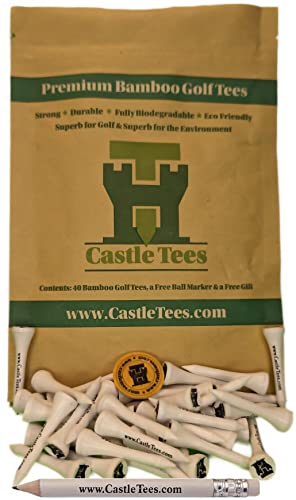 Castle Tees Straight Bamboo 40-80 Premium Super Strong Fast Swing Golf Tees Biodegradable Green Eco Friendly Free Ball Marker & Pencil Range of Sizes and Colours Great Gift (Kraft Bag, 42mm)