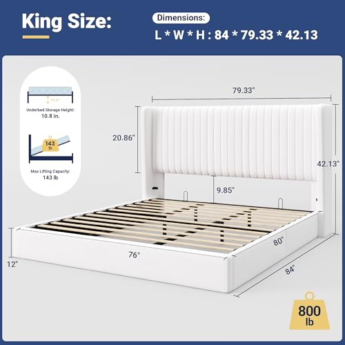 Image of Allewie King Size Lift Up Storage Bed Frame Channel Tufted Headboard White