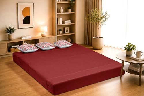 Image of Three Seater Sofa Cum Bed Jute Fabric 5 X 6 Ft| Space Saving Foldable Sofa Bed for Living Room & Guest Room | Comfortable Multi-Functional Furniture - Red