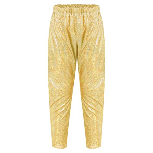 Kids Boys Girls Metallic Shiny Hip Hop Jazz Streetwear Baggy Pants Loose Fit Trousers for Stage Performance Show Gold 9-10 Years