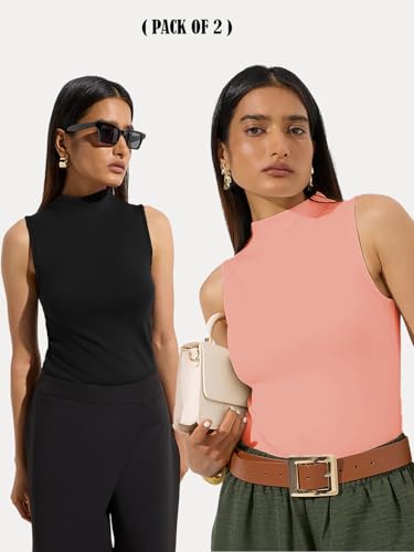 Image of KOTTY Women's Sleeveless High Neck Ribbed Tank Top Combo Pack of 2 Stylish Casual & Office Wear Tops