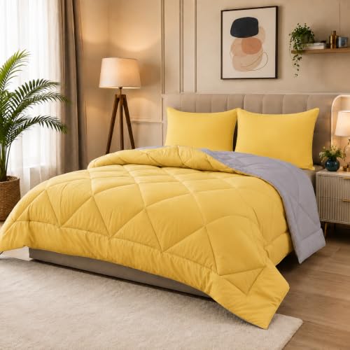 Image of 220 GSM Comforter Set Double Bed | Microfiber Reversible AC Blanket Duvet Quilt for Double Bed King Size for Summer (Yellow & Silver)