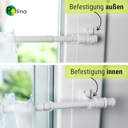 Rollina Scheibengardinenstange ausziehbar | Gardinenstange zum Kleben oder Schrauben weiß | Bistrogardinenstangen Fenster | Café-Stangen ohne Bohren | Made in Germany (85-135cm)