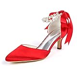 HKMEI Women's Satin Wedding Shoes for Bride Low Heel Pointed Toe Red Bridal Shoes Prom Evening Party Shoes Pumps Size 8 1608-28RED