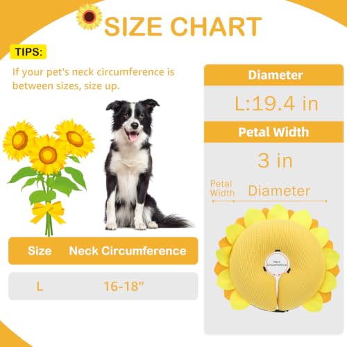 Image of SCENEREAL Inflatable Dog Cone Collar Alternative After Surgery | Soft Cone Collar for Large Dogs, Adjustable Recovery Donut to Prevent Licking, Sunflower Print E-Collars,L