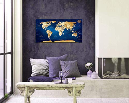 Wall Art Blue Map Of The World Painting Ready To Hang -24" X 48" Pieces Large Framed Wall Art World Map Canvas Art Map Wall Decorations Artwork Prints For Background For Home(24Inx48In) #TOP5