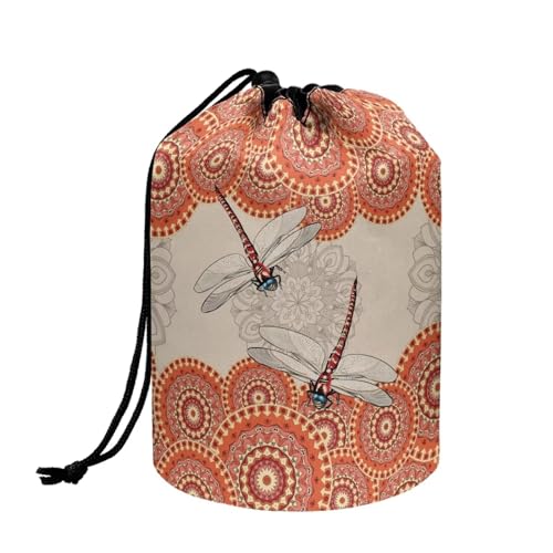 Poceacles Boho Mandala Dragonflies Print Barrel Drawstring Makeup Bag, Portable Foldable Travel Cosmetic Bag Large Barrel Toiletry Organizer Storage Pocket for Women