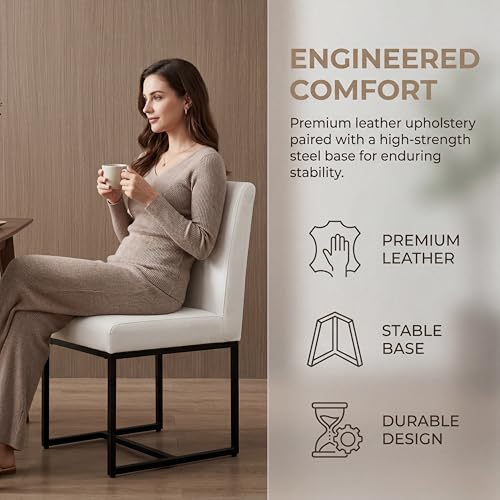 Image of HNY Modern Dining Chairs Set of 6, Upholstered Leather Dining Room Chairs with Ergonomic Back & Metal Frame for Home, Kitchen, Apartment, White