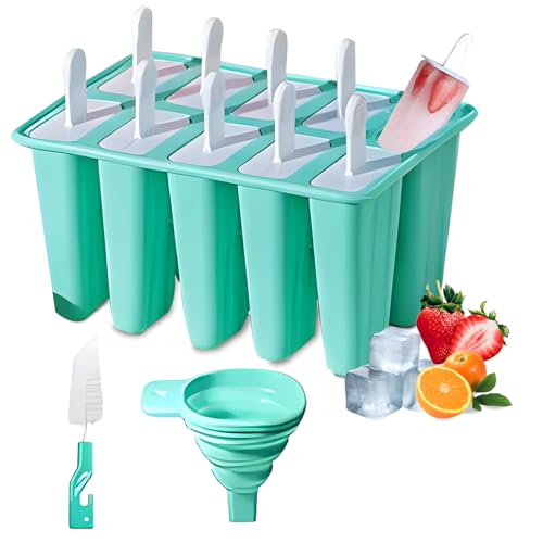 Silicone Popsicle Molds 10 Pcs Ice Pop Maker Molds with 10 Reusable Sticks, Cleaning Brush and Funnel - Homemade Easy-Release Reusable Popsicle Moulds Shapes (Green)
