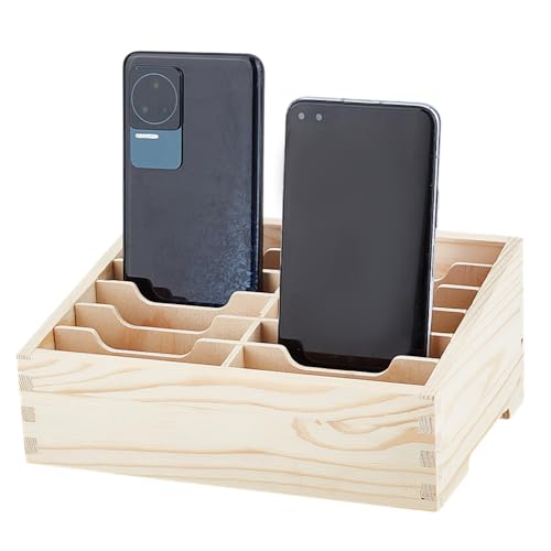 BENECREAT 12-Grid Wooden Cell Phone Holder, Multifunctional Mobile Phone Organiser