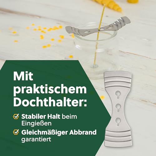 beegut 100 nachhaltige Kerzendochte für Kerzen (10 cm) aus Hanf & natürlichem Bienenwachs, ohne Paraffin, rußfrei, im praktischen Kerzendocht Set mit Docht Halter – ideal zum Kerzen Selber Machen