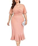 LALAGEN Plus Size Dress for Women Modest Short Sleeve Ruched Bodycon Mermaid Cocktail Midi Dresses Pink 6X