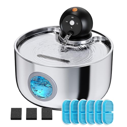 Katzenbrunnen Kabellos Trinkbrunnen für Katze Edelstahl: Katzen Trinkbrunnen mit Sensor - 2.6L Katzentrinkbrunnen Leise - Wasserbrunnen für Katzen mit Akku - Wasserspender Katze ohne Kabel - 9 Filter